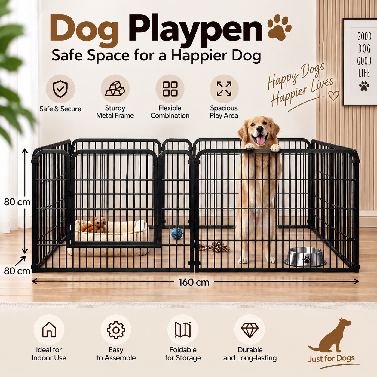 Foldable Metal Dog Playpen – 160 × 80 × 80 cm