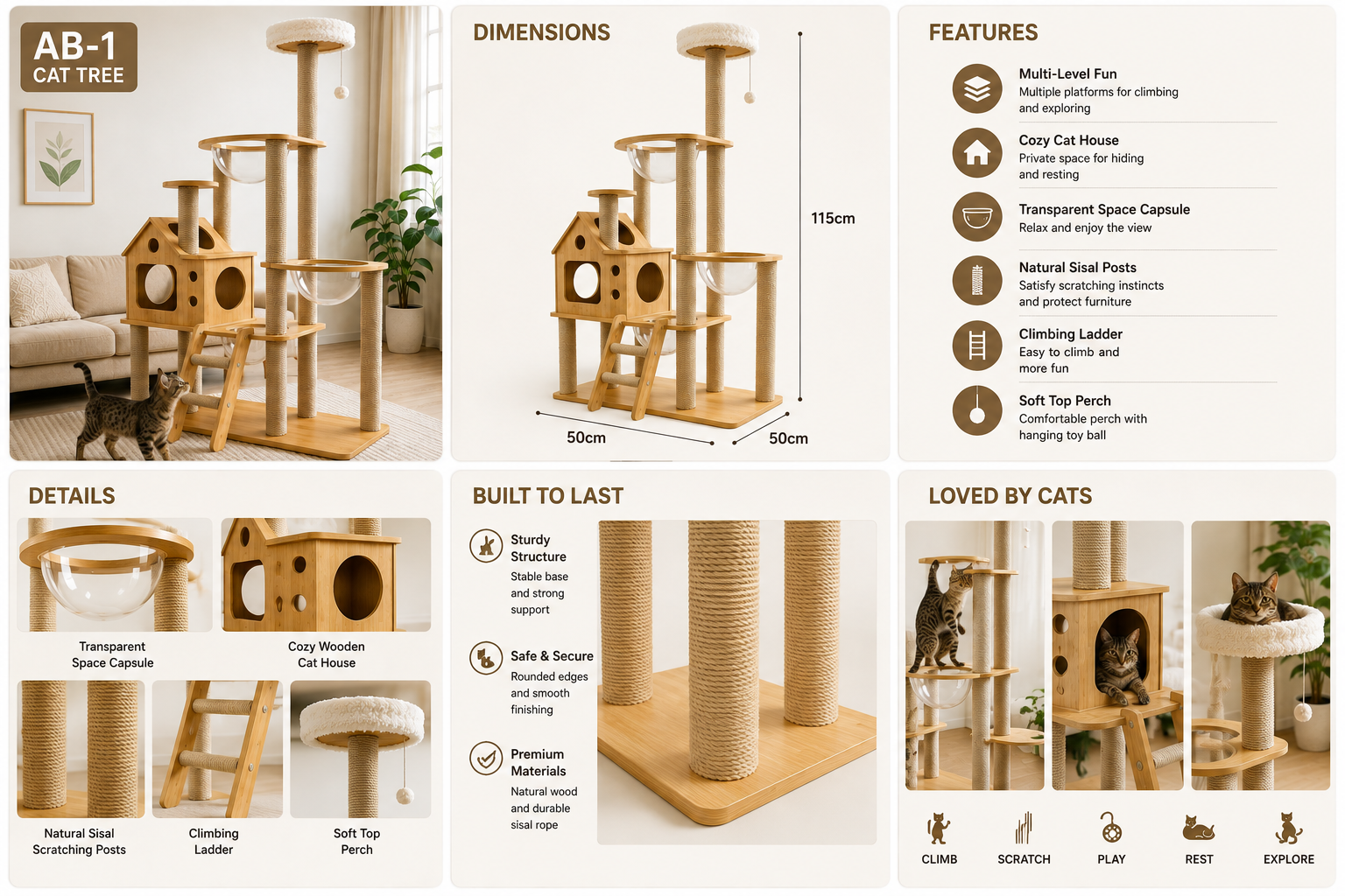 Multi-Level Cat Tree with Cat House & Sisal Scratching Posts
