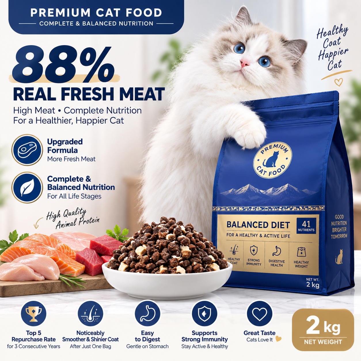 Premium Complete Cat Food – High Meat Formula, 2kg